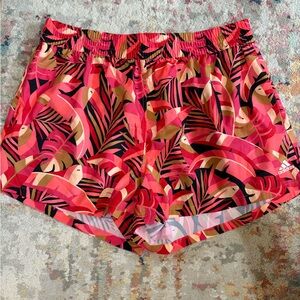 Adidas Pink and Tan Athletic Shorts with Tropical Print